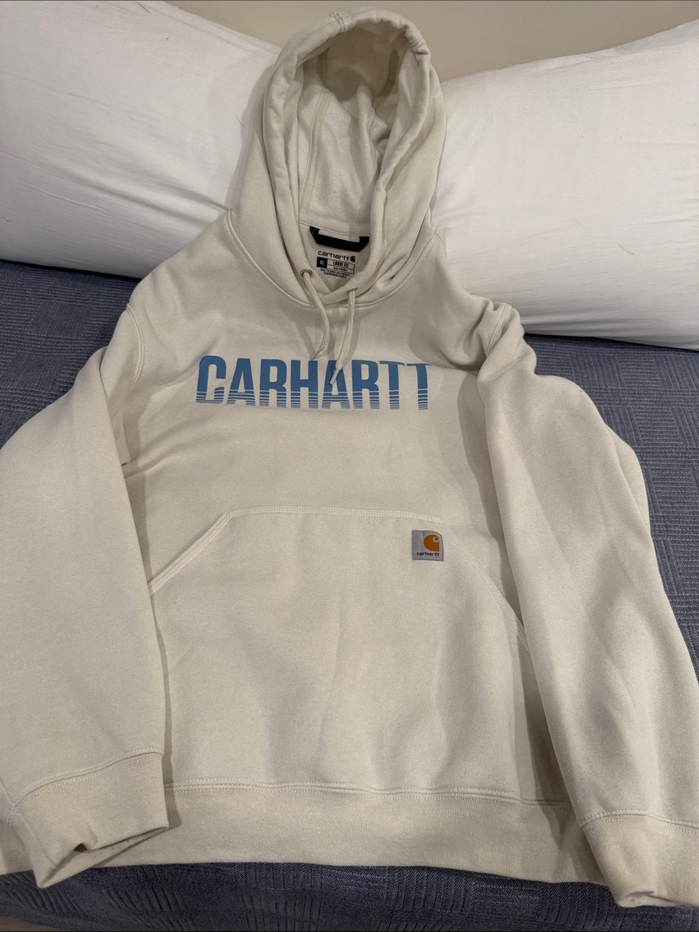 Carhartt Men’s Cream Hoodie with Blue Logo Text